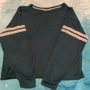 Forest green with gray stripes, crewneck